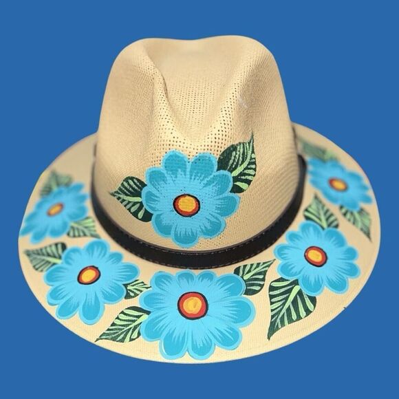 Hand Painted Panama Hat Floral Straw Hat Size Large main image 4